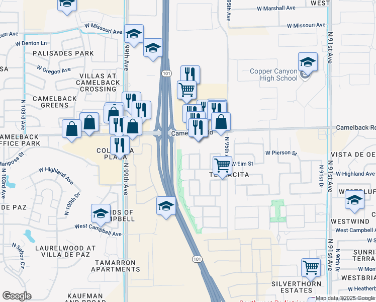 map of restaurants, bars, coffee shops, grocery stores, and more near 9624 West Mariposa Street in Phoenix