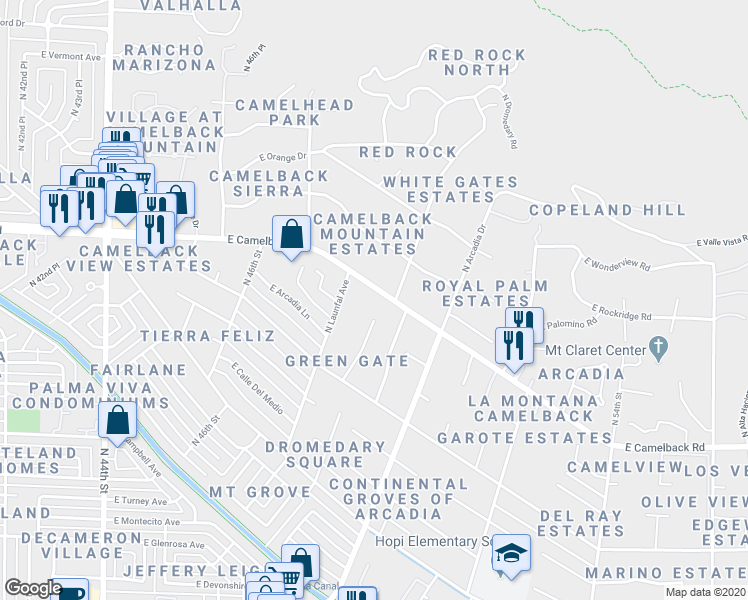 map of restaurants, bars, coffee shops, grocery stores, and more near 4935 East Camelback Road in Phoenix