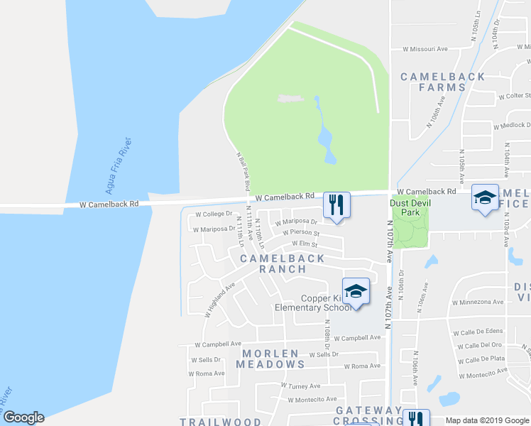 map of restaurants, bars, coffee shops, grocery stores, and more near 11025 West College Drive in Phoenix