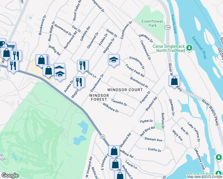 map of restaurants, bars, coffee shops, grocery stores, and more near 2438 Apricot Lane in Augusta
