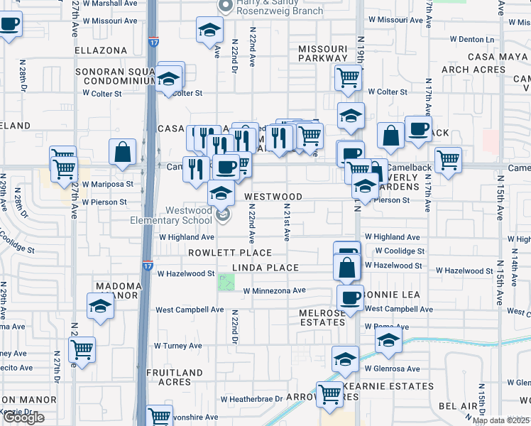 map of restaurants, bars, coffee shops, grocery stores, and more near 2132 W Elm St in Phoenix