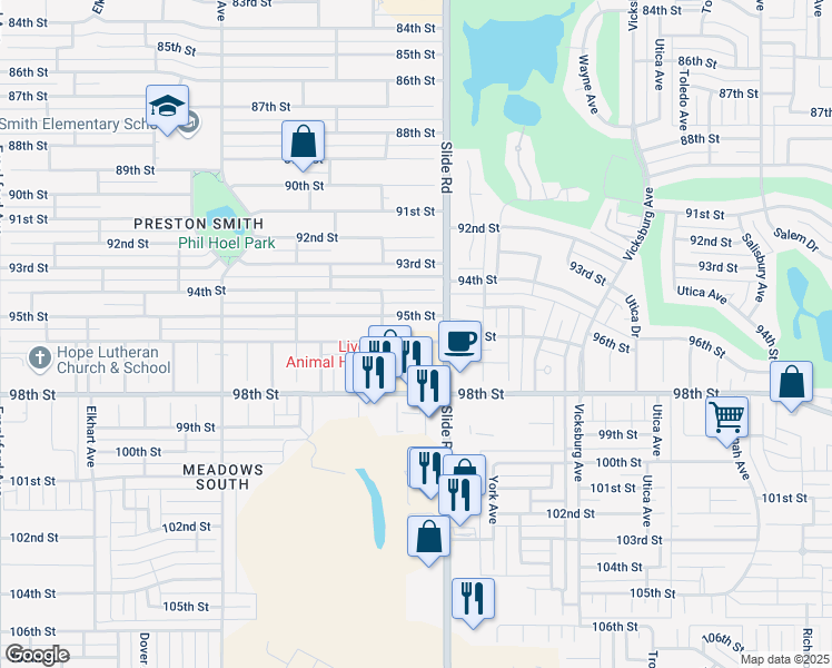 map of restaurants, bars, coffee shops, grocery stores, and more near 5210 96th Street in Lubbock