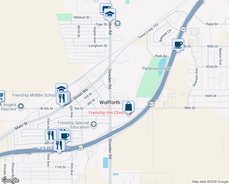 map of restaurants, bars, coffee shops, grocery stores, and more near 409 Farm to Market Road 179 in Wolfforth