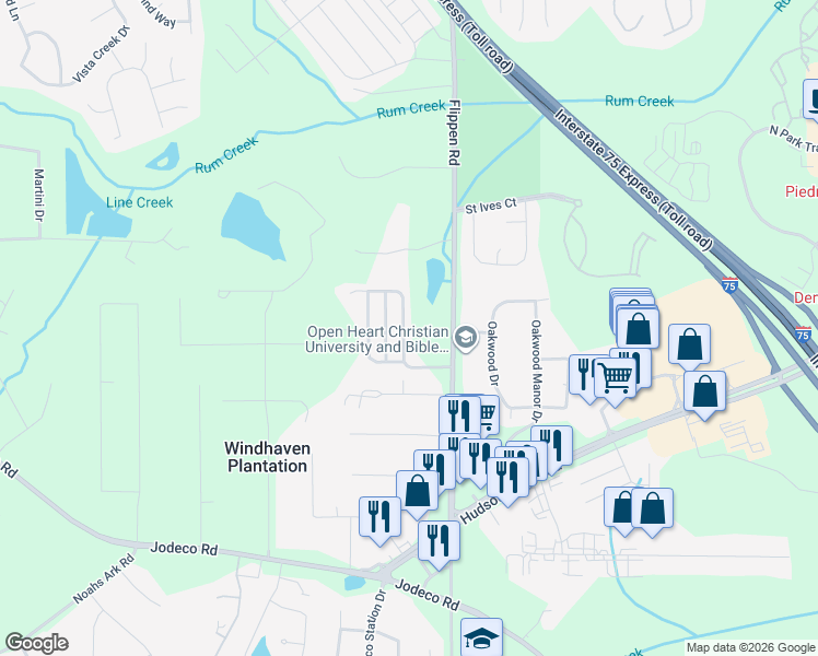 map of restaurants, bars, coffee shops, grocery stores, and more near 120 Watercress Court in Stockbridge