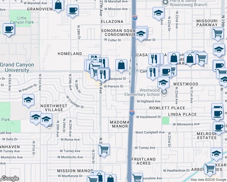 map of restaurants, bars, coffee shops, grocery stores, and more near 2534 West Elm Street in Phoenix