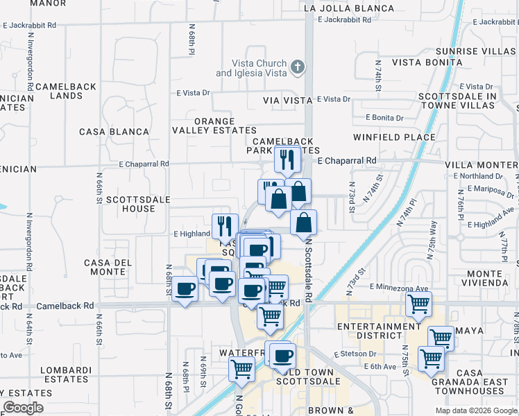 map of restaurants, bars, coffee shops, grocery stores, and more near 7137 East Rancho Vista Drive in Scottsdale