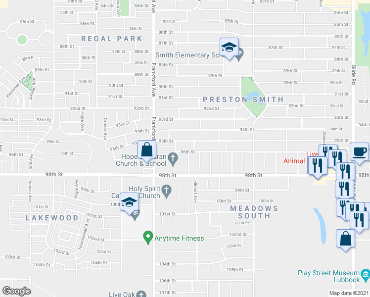 map of restaurants, bars, coffee shops, grocery stores, and more near 5714 96th Street in Lubbock