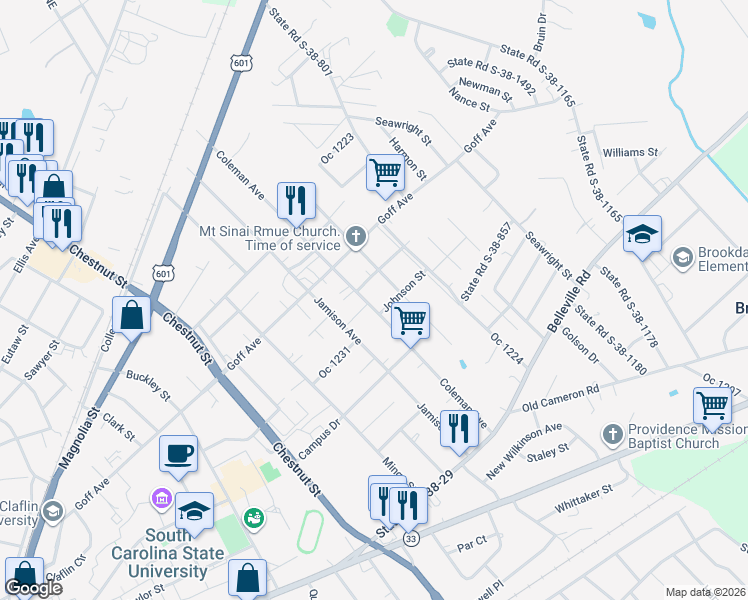map of restaurants, bars, coffee shops, grocery stores, and more near 477 Coleman Avenue in Orangeburg