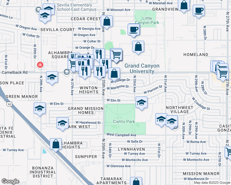 map of restaurants, bars, coffee shops, grocery stores, and more near 3412 West Pierson Street in Phoenix