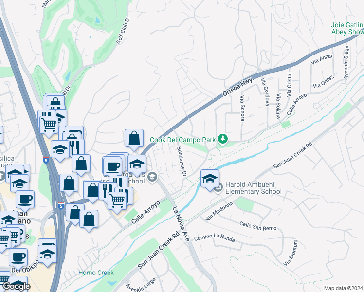 map of restaurants, bars, coffee shops, grocery stores, and more near 27681 Paseo Esteban in San Juan Capistrano