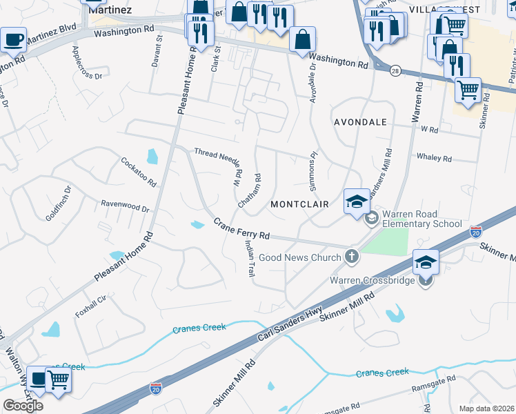 map of restaurants, bars, coffee shops, grocery stores, and more near 225 Thread Needle Road East in Augusta