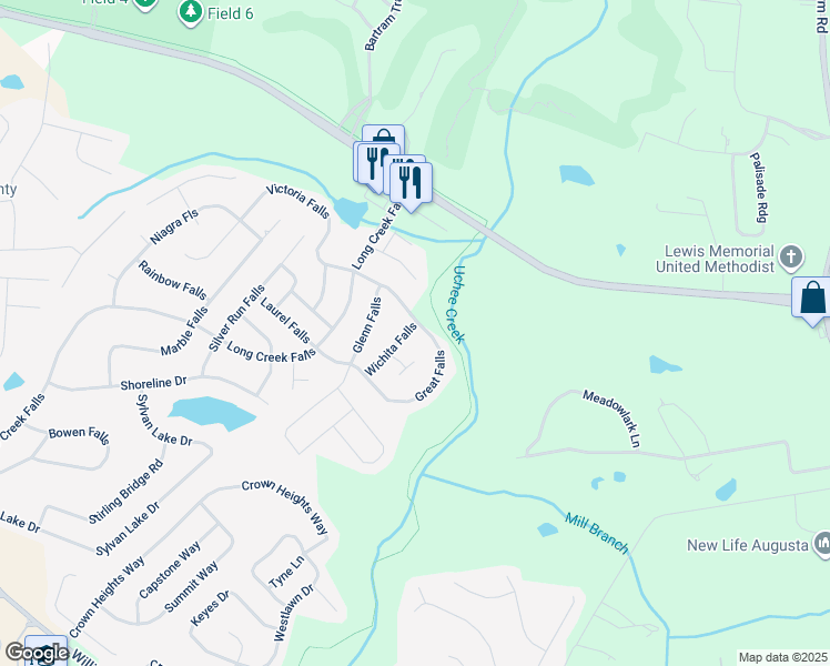 map of restaurants, bars, coffee shops, grocery stores, and more near 2219 Wichita Falls in Grovetown