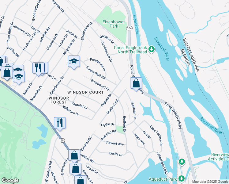 map of restaurants, bars, coffee shops, grocery stores, and more near 936 Papaya Street in Augusta