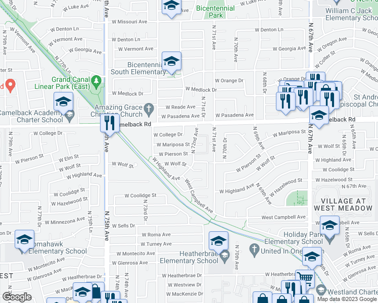 map of restaurants, bars, coffee shops, grocery stores, and more near 7206 West Pierson Street in Phoenix