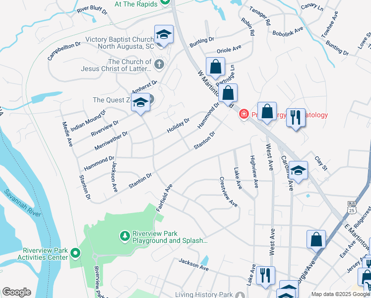map of restaurants, bars, coffee shops, grocery stores, and more near 1001 Stanton Drive in North Augusta