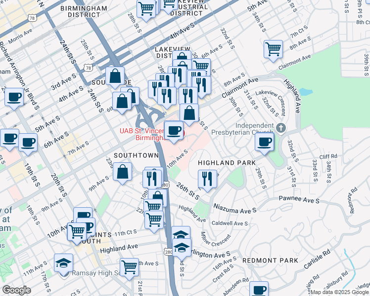 map of restaurants, bars, coffee shops, grocery stores, and more near 2660 10th Avenue South in Birmingham