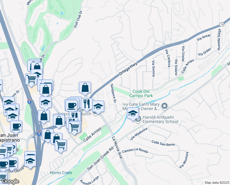 map of restaurants, bars, coffee shops, grocery stores, and more near 27681 Paseo Esteban in San Juan Capistrano