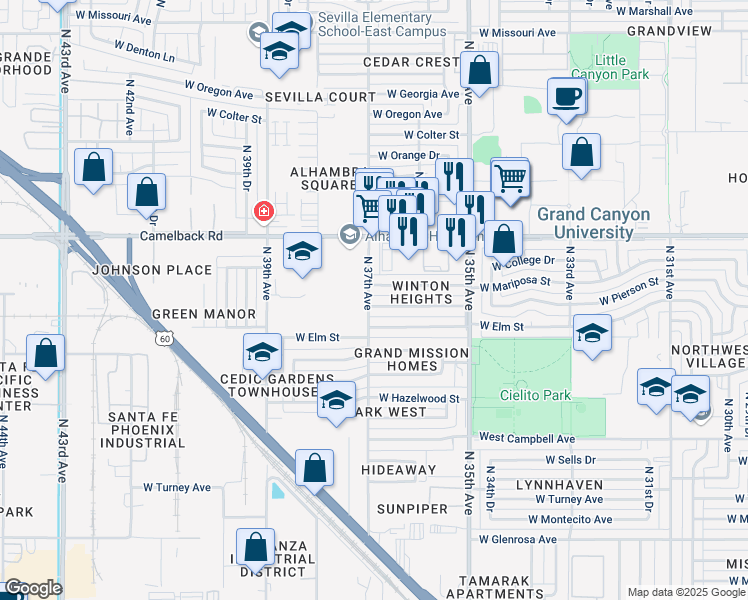 map of restaurants, bars, coffee shops, grocery stores, and more near 3650 West Pierson Street in Phoenix