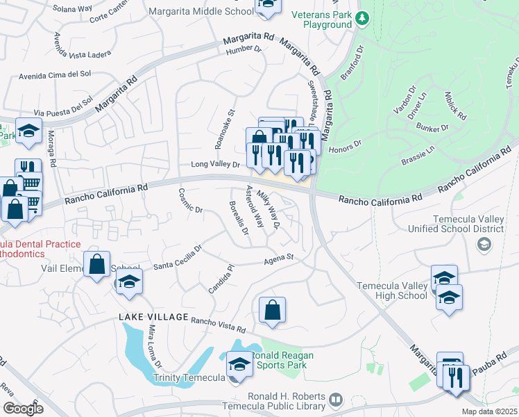 map of restaurants, bars, coffee shops, grocery stores, and more near 41780 Asteroid Way in Temecula