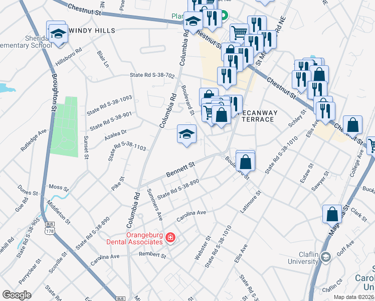 map of restaurants, bars, coffee shops, grocery stores, and more near 919 Bennett Street in Orangeburg