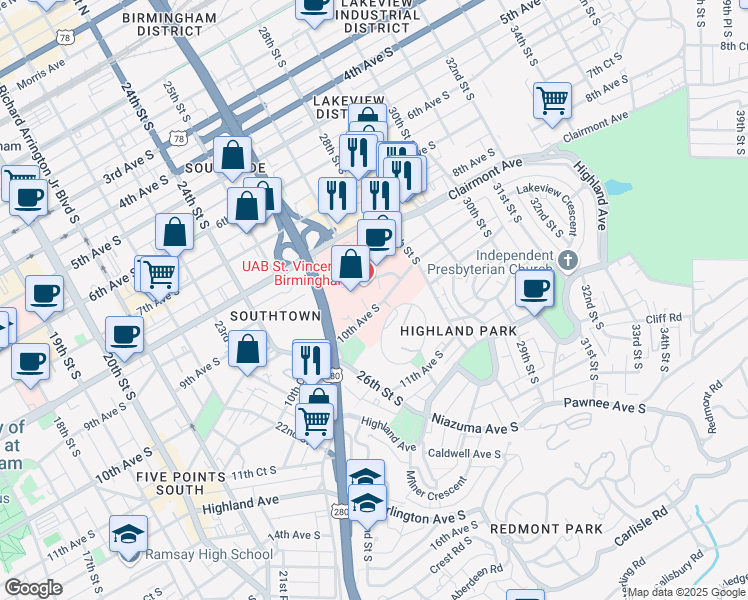 map of restaurants, bars, coffee shops, grocery stores, and more near 2660 10th Avenue South in Birmingham