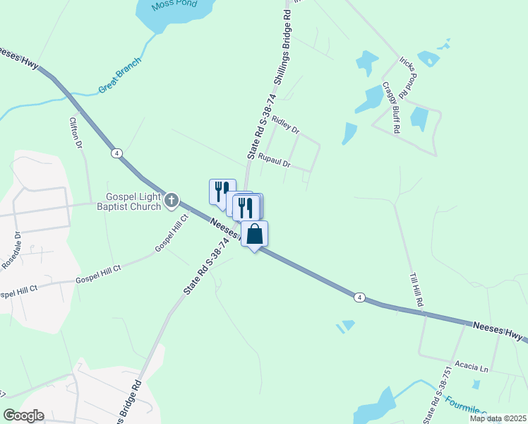 map of restaurants, bars, coffee shops, grocery stores, and more near 1391 Shillings Bridge Road in Orangeburg