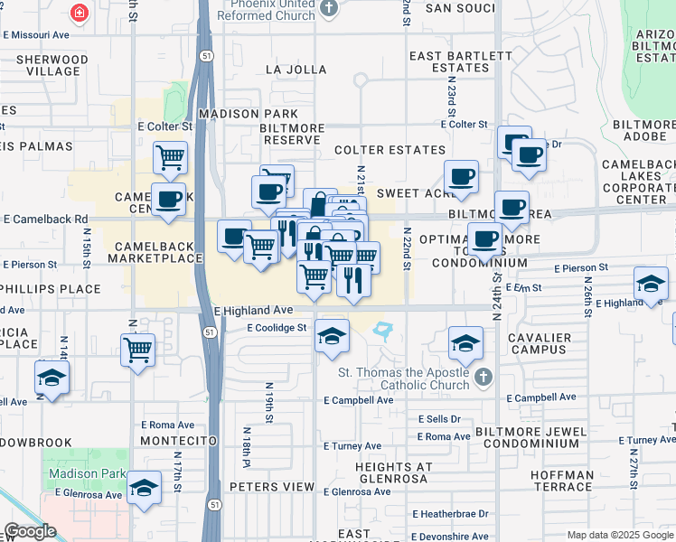 map of restaurants, bars, coffee shops, grocery stores, and more near 4821 North 20th Street in Phoenix