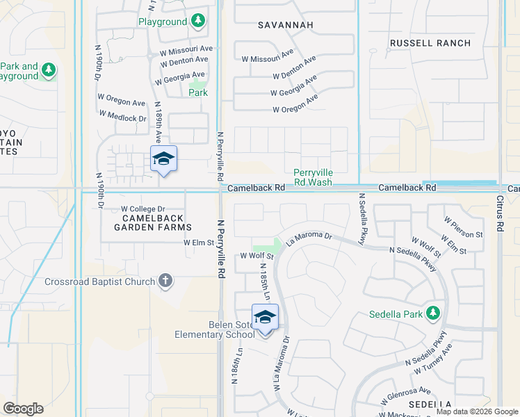 map of restaurants, bars, coffee shops, grocery stores, and more near 18383 West College Drive in Goodyear