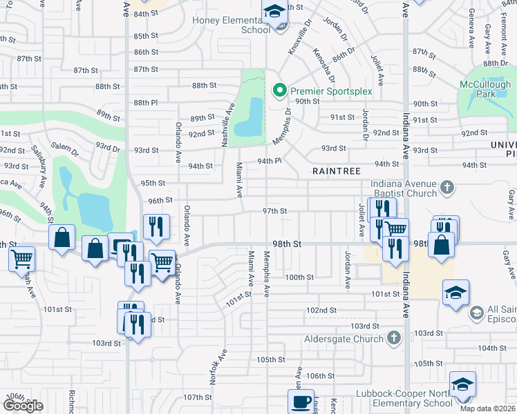 map of restaurants, bars, coffee shops, grocery stores, and more near 3804 97th Street in Lubbock