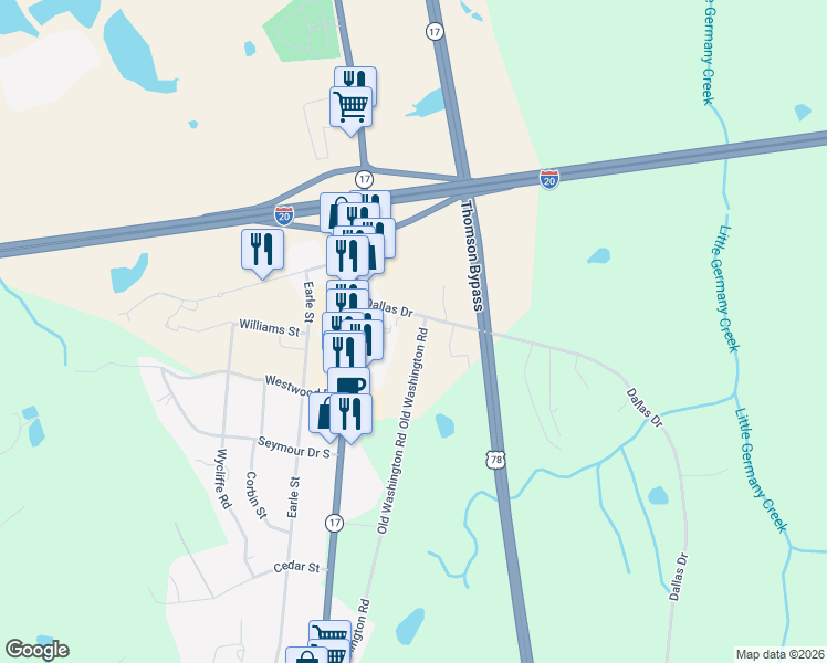 map of restaurants, bars, coffee shops, grocery stores, and more near 1505 Old Washington Road in Thomson