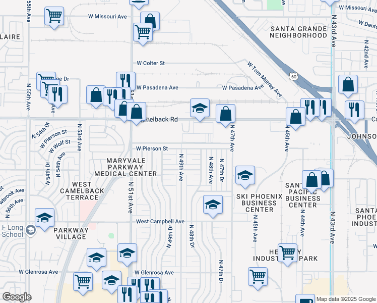 map of restaurants, bars, coffee shops, grocery stores, and more near 4849 West Pierson Street in Phoenix