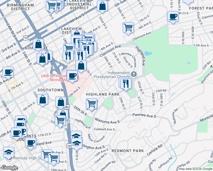 map of restaurants, bars, coffee shops, grocery stores, and more near 1025 28th Place South in Birmingham