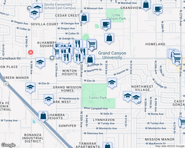 map of restaurants, bars, coffee shops, grocery stores, and more near 3412 West Pierson Street in Phoenix