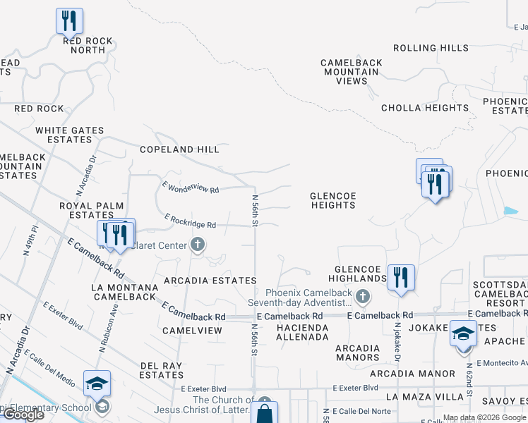 map of restaurants, bars, coffee shops, grocery stores, and more near 4725 North 56th Street in Phoenix