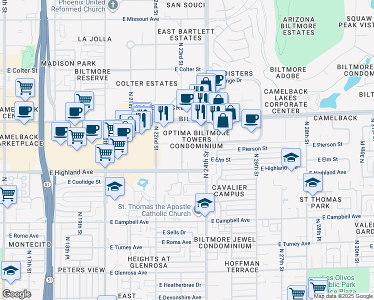 map of restaurants, bars, coffee shops, grocery stores, and more near 2355 East Camelback Road in Phoenix