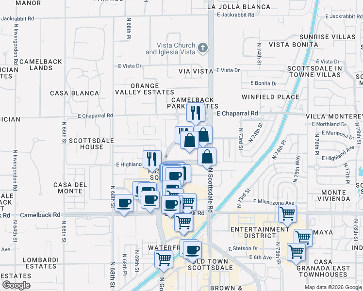 map of restaurants, bars, coffee shops, grocery stores, and more near 7137 East Rancho Vista Drive in Scottsdale