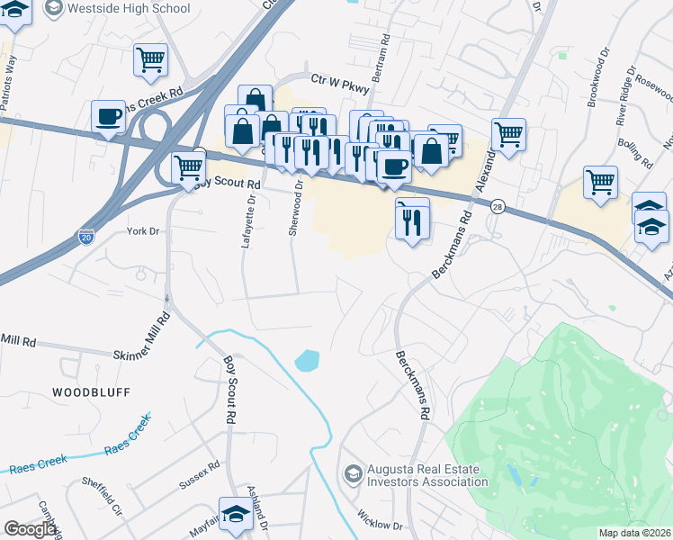 map of restaurants, bars, coffee shops, grocery stores, and more near 2949 Pointewest Drive in Augusta