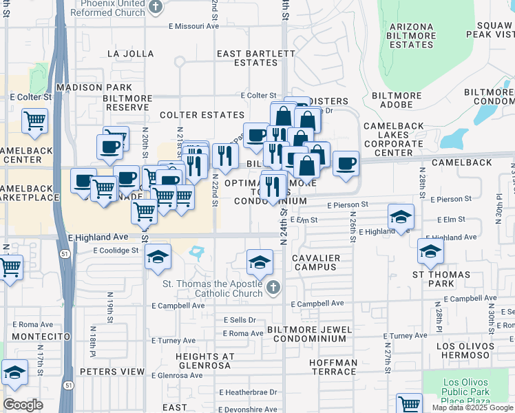 map of restaurants, bars, coffee shops, grocery stores, and more near 2355 East Camelback Road in Phoenix