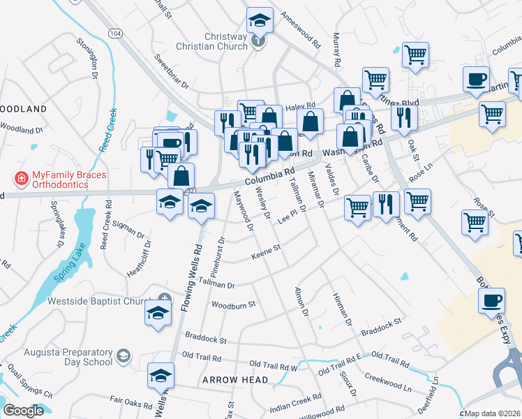 map of restaurants, bars, coffee shops, grocery stores, and more near 111 Wesley Drive in Martinez