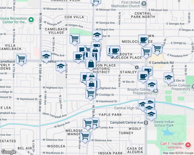 map of restaurants, bars, coffee shops, grocery stores, and more near 615 West Pierson Street in Phoenix