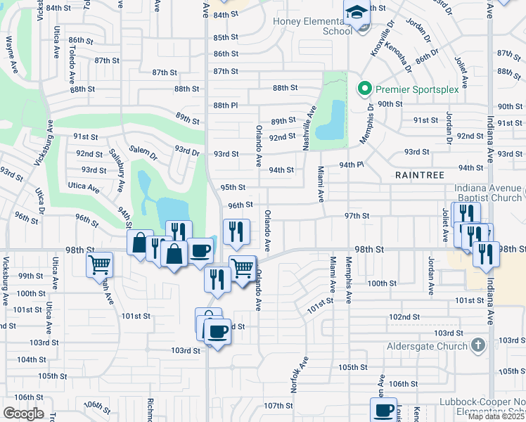 map of restaurants, bars, coffee shops, grocery stores, and more near 9609 Orlando Avenue in Lubbock