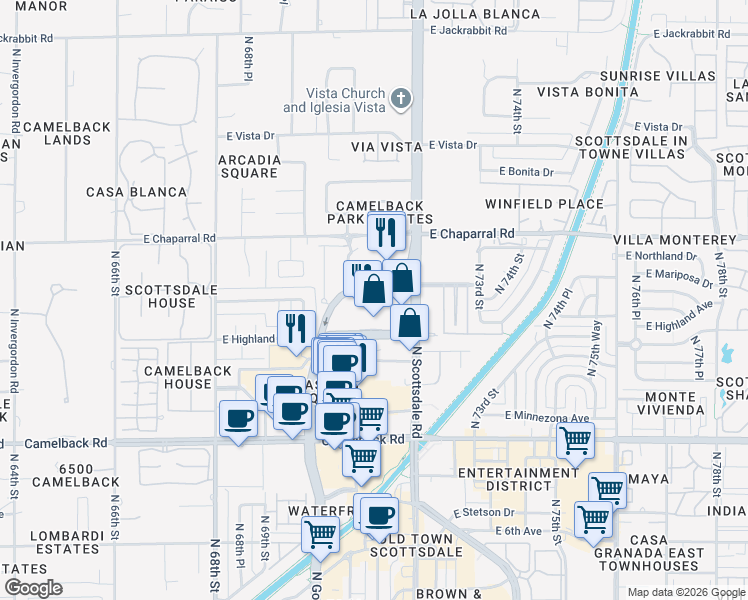map of restaurants, bars, coffee shops, grocery stores, and more near 7137 East Rancho Vista Drive in Scottsdale