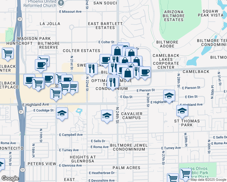 map of restaurants, bars, coffee shops, grocery stores, and more near 4742 North 24th Street in Phoenix
