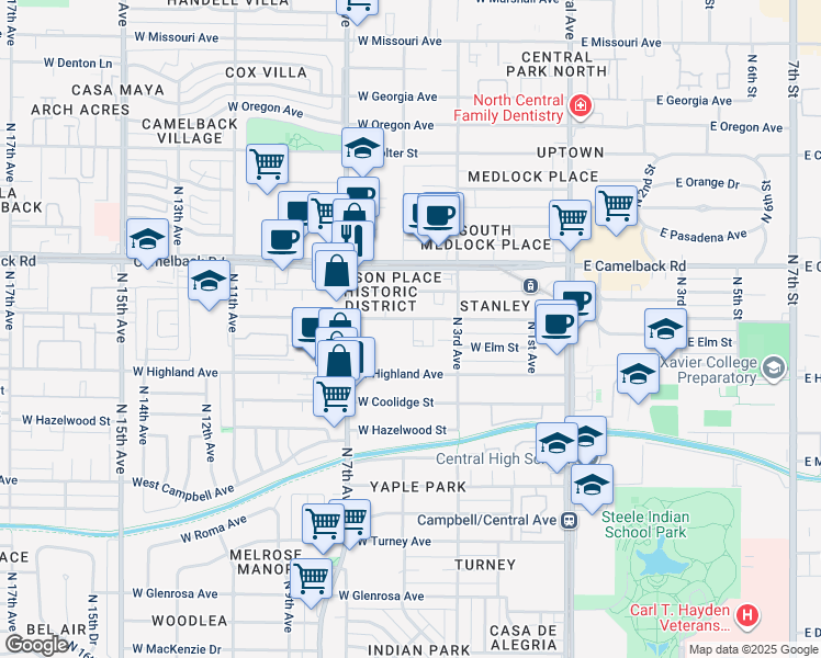 map of restaurants, bars, coffee shops, grocery stores, and more near 385 West Pierson Street in Phoenix