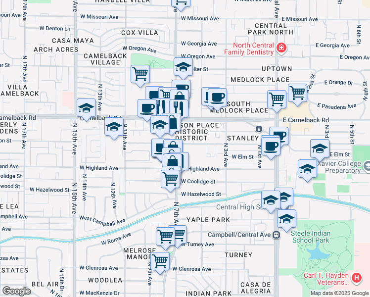 map of restaurants, bars, coffee shops, grocery stores, and more near 605 West Pierson Street in Phoenix