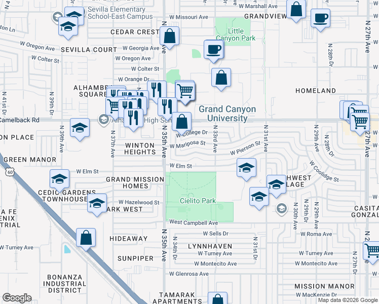 map of restaurants, bars, coffee shops, grocery stores, and more near 3412 West Pierson Street in Phoenix