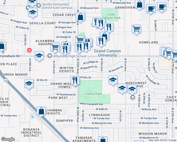 map of restaurants, bars, coffee shops, grocery stores, and more near 3412 West Pierson Street in Phoenix