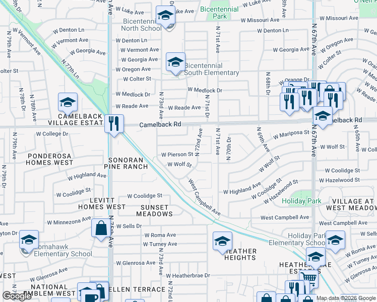 map of restaurants, bars, coffee shops, grocery stores, and more near 7206 West Pierson Street in Phoenix