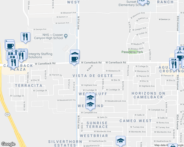 map of restaurants, bars, coffee shops, grocery stores, and more near 4701 North 91st Drive in Phoenix