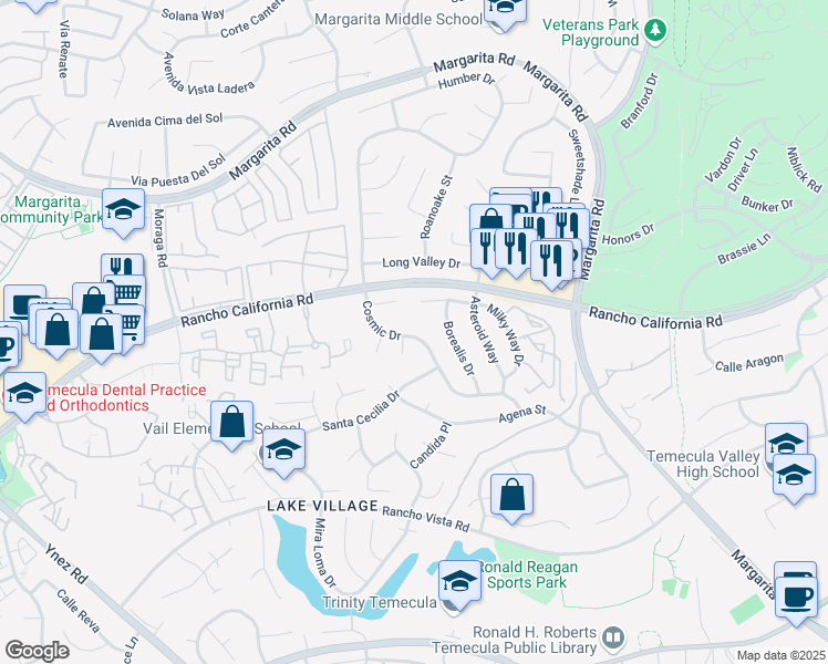 map of restaurants, bars, coffee shops, grocery stores, and more near 42200 Cosmic Drive in Temecula